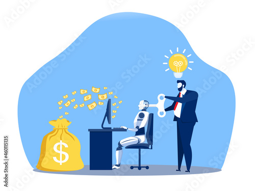 Businessman controlling a robot working make money with key control. Artificial intelligence technology business concept.