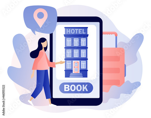 Booking hotel online. Tiny woman search, choose and reservation hotel or apartment in smartphone app. Tourist and business trip. Modern flat cartoon style. Vector illustration on white background