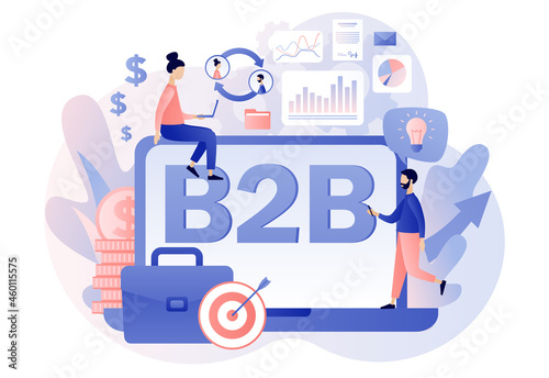 B2B : Business to business online. Successful business collaboration. Tiny businessmens enter into agreement. Marketing strategy, commerce. Modern flat cartoon style. Vector illustration