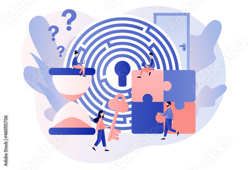 Escape room. Exit maze. Quest room. Tiny people trying to solve puzzles, find key, gettout of trap, finding conundrum solution. Modern flat cartoon style. Vector illustration on white background