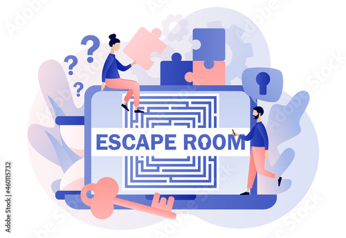 Escape room. Quest room web site. Tiny people trying to solve puzzles, find key, gettout of trap, finding conundrum solution. Exit maze. Modern flat cartoon style. Vector illustration