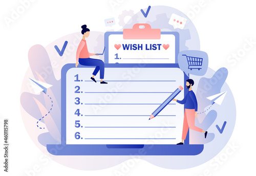 Wishlist online. Gift and shopping list. Tiny people writing down wishes on laptop. Personal favourites list. Order and payment. Modern flat cartoon style. Vector illustration on white background