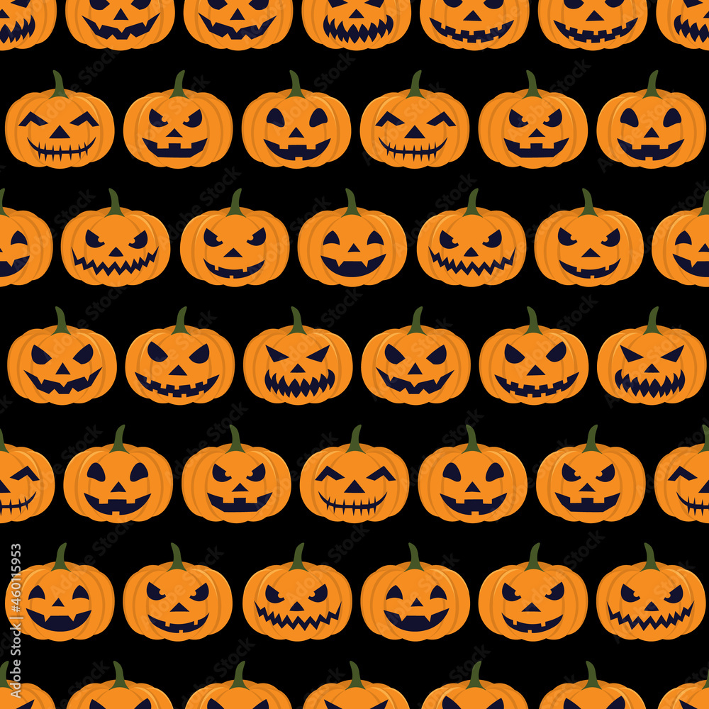 Carved Pumpkins Seamless Pattern. Vector Background for Halloween Festival. Orange Pumpkins Arranged Horizontally on Black Background. For Printing Invitations, Gift wrapping, Banner, Backdrop,Fabric