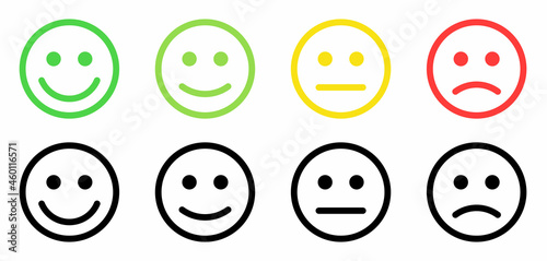 Face smile icon positive, negative neutral. Emoji icons for rate of satisfaction level. Happy and sad emoji smiley faces line art vector icon for apps and websites. Vectorv illustration.