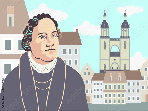 Martin Luther Christian protestant theologian face and shoulders full color cartoon image against the backdrop of houses and churches in Wittenberg. Coming up to the Day of the Reformation, Bible