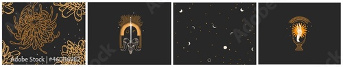 Hand drawn vector abstract stock graphic illustration seamless pattern and logo collection set with magic astrology celestial golden moon phases,sun and stars,contemporary mystic astrology concept.