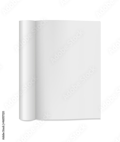 Vector realistic magazine with rolled page. Blank catalog, copybook or brochure on white background. Open vertical template. Mockup. Front view. Editable design. EPS10.