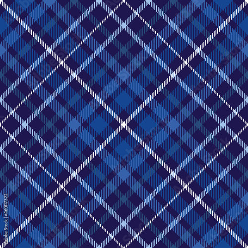 Seamless plaid pattern in blue, navy and white. Diagonal print. 