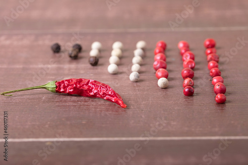 A kind of hot pepper that lies on the table. Spices and seasonings laid out on the table