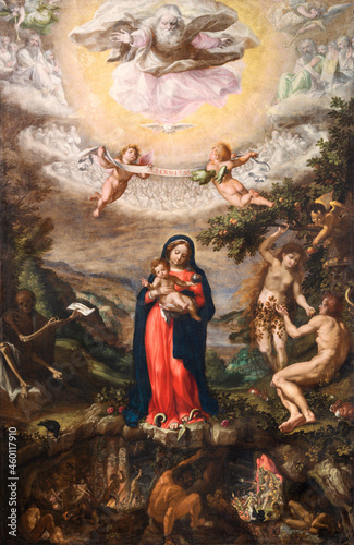 ROME, ITALY - AUGUST 29, 2021: The painting of Madonna with the Paradise, Purgatory and Hell in the church Chiesa di San Francesco a Ripa by Maarten De Vos (1540).