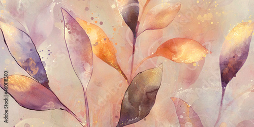 Abstract image of leaves with watercolor and splashes elements	
