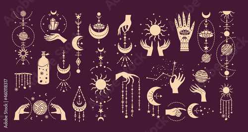 Vector set of magic illustrations with mystery symbols. Magical cards.
