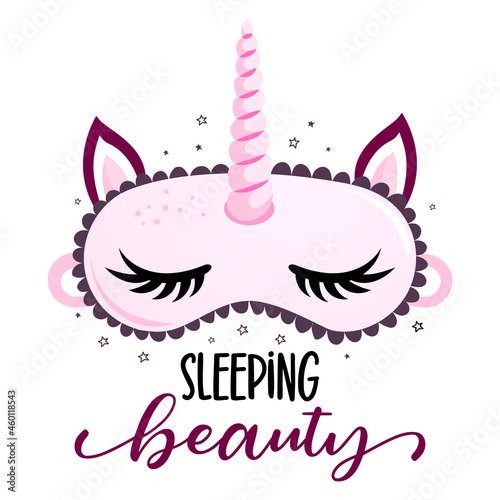 Sleeping Beauty! - funny hand drawn doodle. sleeping mask, stars, hearts. Cartoon background, texture for bedsheets, pajamas. Adorable Unicorn pony sleeping mask with long lashes.
