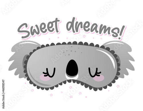 Sweet dreams - funny hand drawn doodle. sleeping mask, stars, hearts. Cartoon background, texture for bedsheets, pajamas. Adorable coala bear sleeping mask with long lashes.