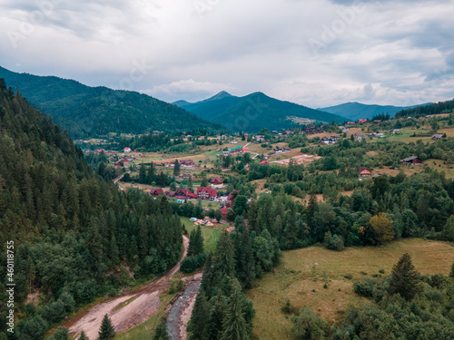 aerial view of village in carpathian mountains
