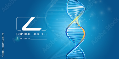 DNA spiral with abstract corporate logo on a blue background.