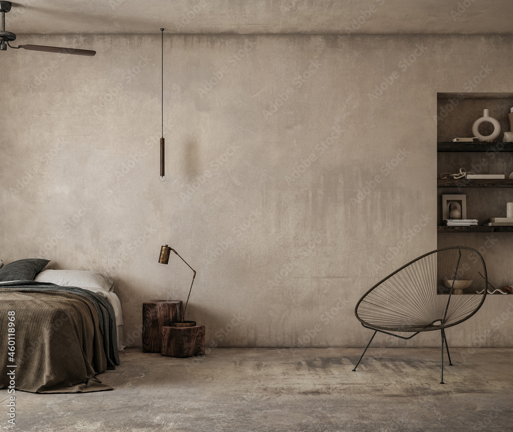 Earthy nomadic bedroom interior, 3d render - obrazy, fototapety, plakaty 