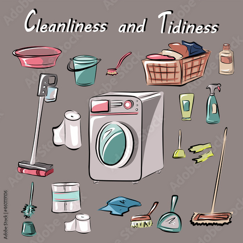 Cleanliness and order in the house, apartment. Equipment and means for cleaning, washing. Household appliances, washing machine, vacuum cleaner, bucket. Isolated vector objects.