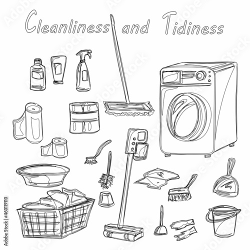 Cleanliness and order in the house, apartment. Equipment and means for cleaning, washing. Household appliances, washing machine, vacuum cleaner, bucket. Isolated vector objects.
