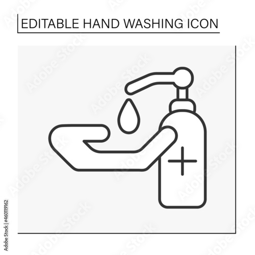  Sanitizer line icon. Hand washing. Disinfection. Viruses prevention. Hygiena concept. Isolated vector illustration. Editable stroke