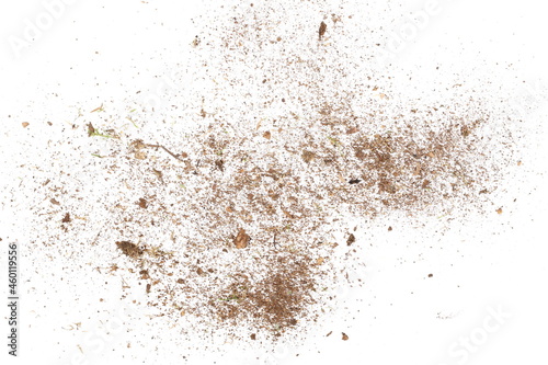 Dust organic, crushed rotten wood, ground dry and green moss isolated on white background and texture, top view