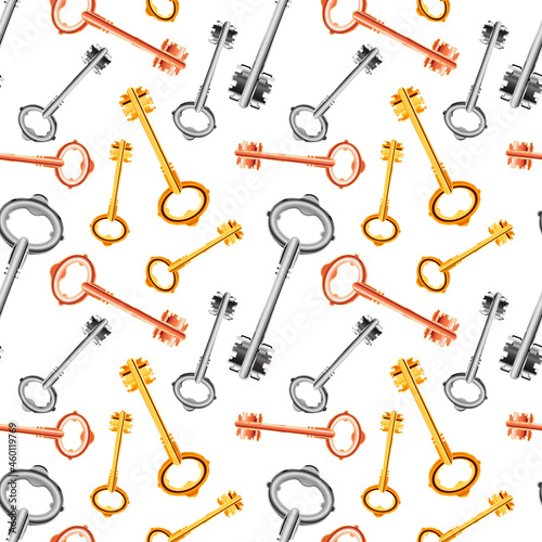Lot of old antique detailed door keys, seamless pattern on white