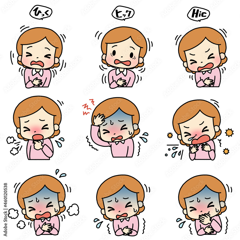 Illustrations of various symptoms (hiccups, headaches, vomiting). Female. Illustrations of various symptoms (hiccups, headaches, vomiting). Female.
