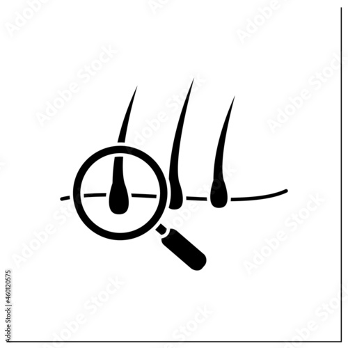 Hair glyph icon. Hairbreadth examination. Finding problems. Brittle hair. Baldness concept.Filled flat sign. Isolated silhouette vector illustration