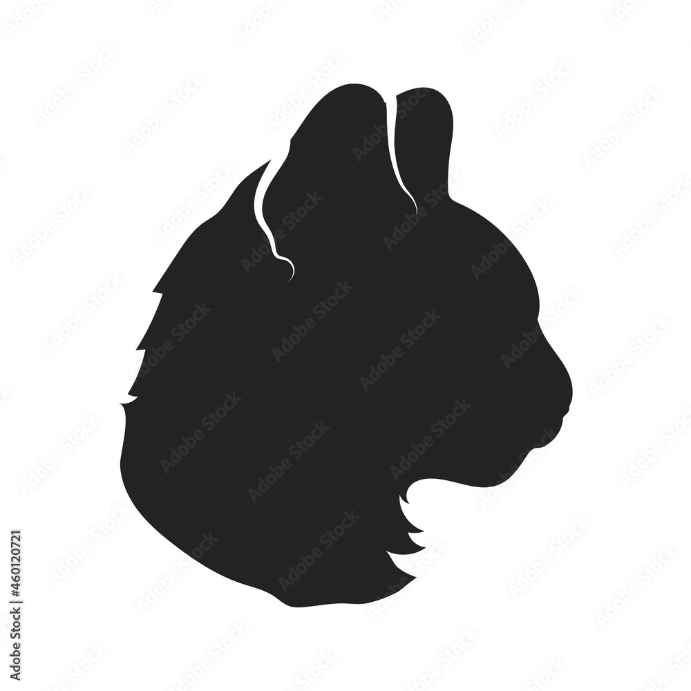 Detailed cat profile silhouette, simple black icon on white
