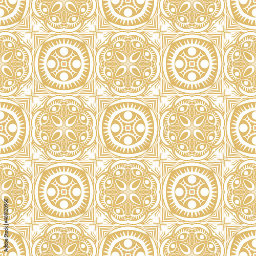 White drawing on a yellow background. Ornament in which the eyes are woven. Seamless texture.