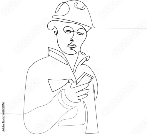 portrait female industrial worker in the hard hat uses mobile phone while walking through heavy industry. Vector illustration