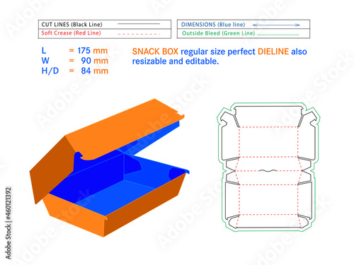 Snack box regular size perfect dieline 175 x 90 x 84 mm Size or snack box Die-cut template Self Asembly Eco-friendly, No Glue Needed box, Fast Food Burger Box
