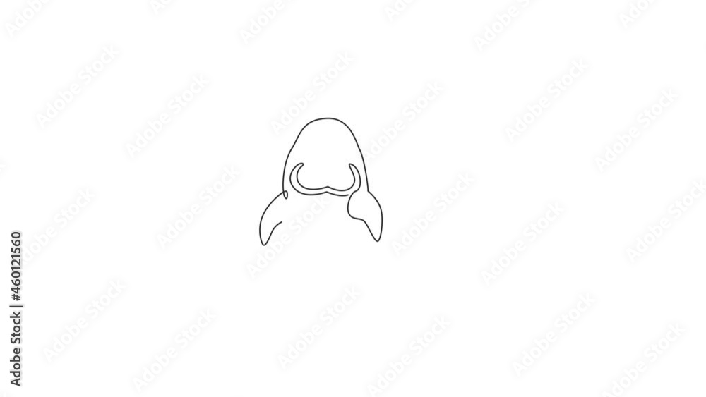Animated self drawing of one continuous line draw cute dugong for aquatic logo identity. Egyptian marsa alam fish mascot concept for national aquarium show icon. Full length single line animation.