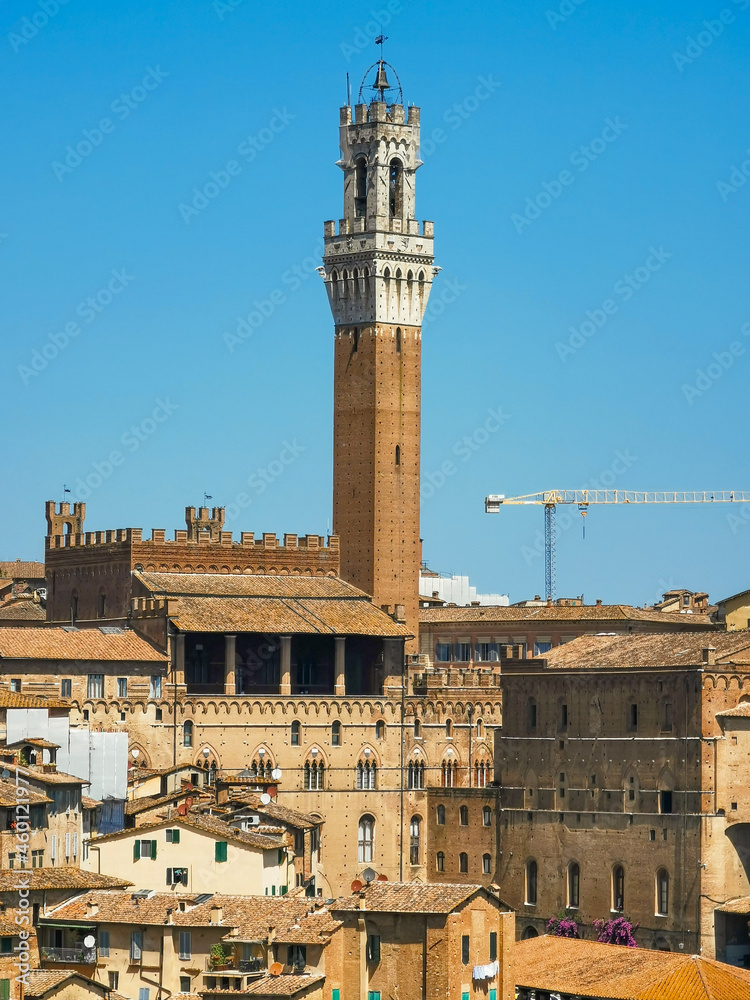 Cityscape of the old town of Siena a wonderful place in Tuscany, Italy with its old medieval little building and red roofs seen from Orto dei Tolomei