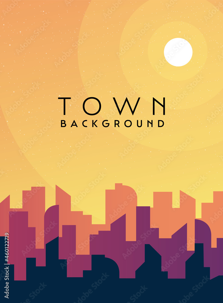 Naklejka premium Morning, day city skyline landscape, town buildings in different time and urban cityscape town sky. Daytime cityscape. Architecture silhouette downtown vector background. Flat design for flyers, cards