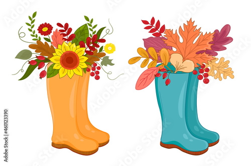 Vector illustration autumn wellies boots set with blooming bouquet autumn leaves and flowers.