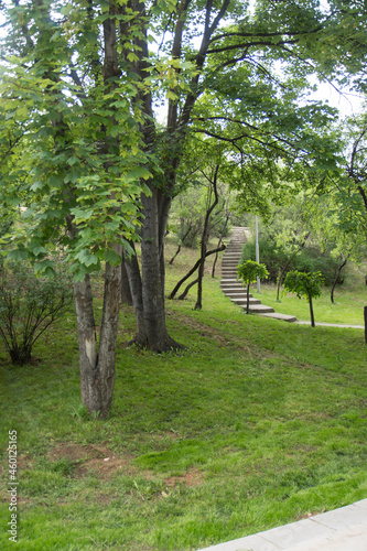 the stair winding through a quiet and calm park.