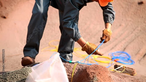 Explosives work in a quarry. The process of placing explosives in an iron ore quarry.