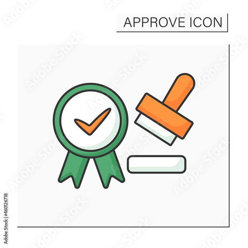 Approved seal color icon. Seal which approves documents, law and regulations. Important laws tool. Confirmation document authenticity. Approve concept. Isolated vector illustration