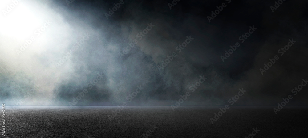 Black asphalt road and empty dark street scene background with smoke float up studio room interior texture for display products..