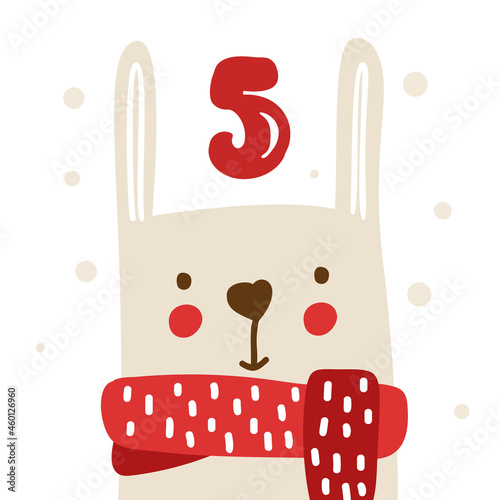 Winter vector Illustration of nordic rabbit in scarf. Christmas Advent calendar twenty five days before holiday xmas, five Day. cute scandinavian hand drawn