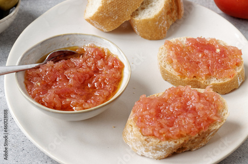 Bread with tomato (Pa amb tomaquet). Typical Catalan sandwich with grated tomato with olive oil.
