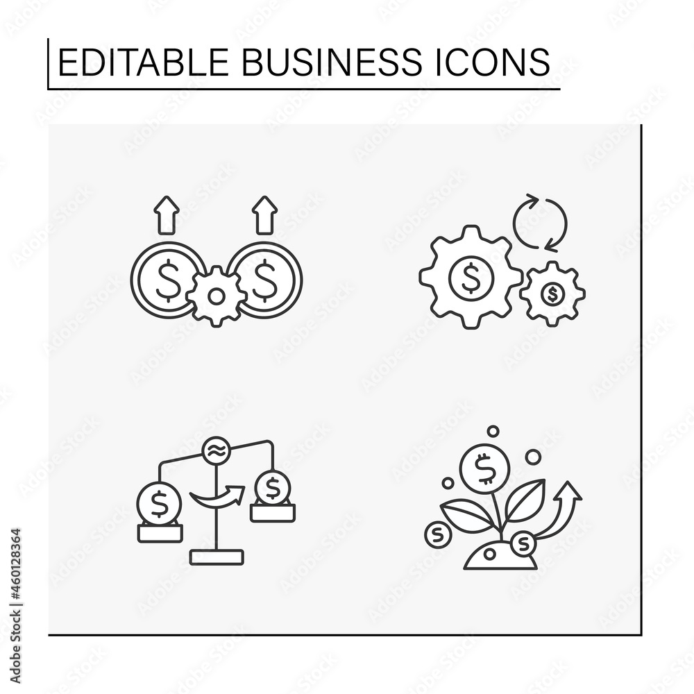 Business line icons set. Investition, cash-flow, money scales. Financial literacy. Finance concept. Isolated vector illustration. Editable stroke