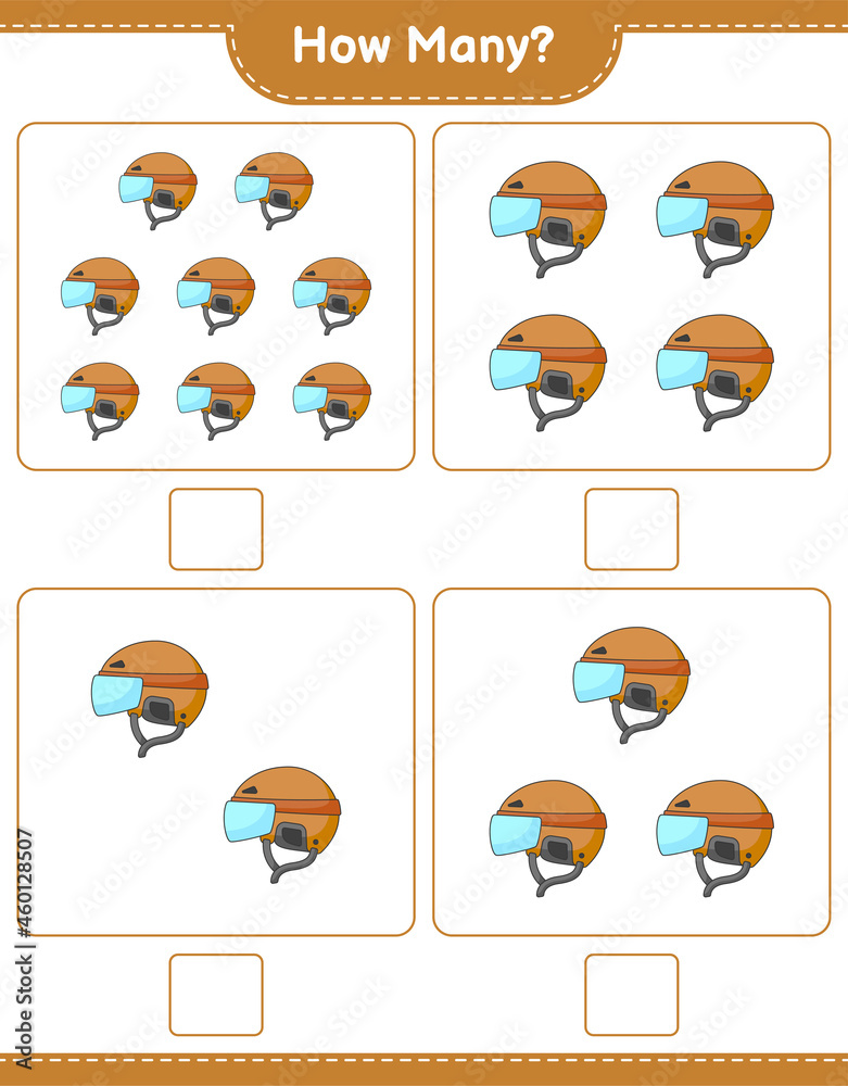 Counting game, how many Hockey Helmet. Educational children game, printable worksheet, vector illustration Counting game, how many Hockey Helmet. Educational children game, printable worksheet, vector illustration