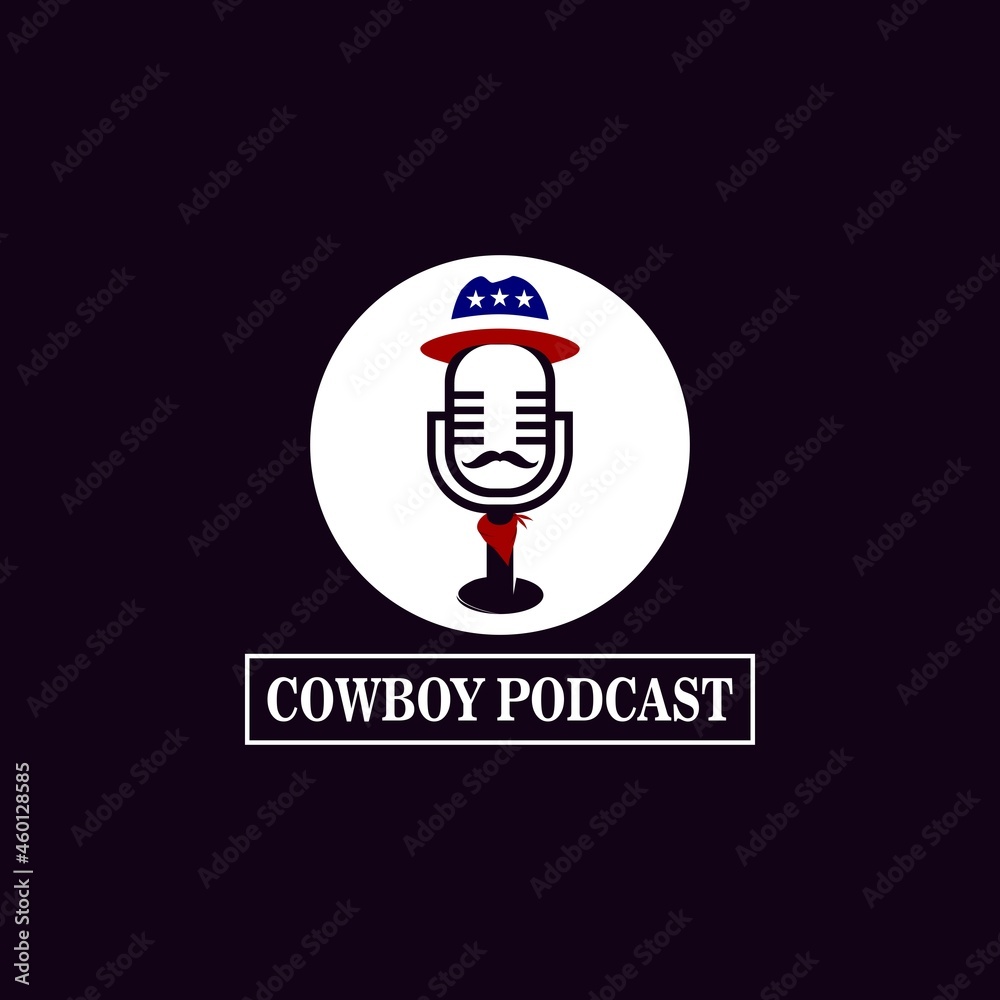 Podcast microphone with cowboy character. Vector illustration for logo, template or icon Podcast microphone with cowboy character. Vector illustration for logo, template or icon