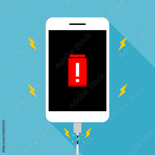 Broken damaged smartphone charger cable short circuit with yellow sparks on blue background flat icon vector.