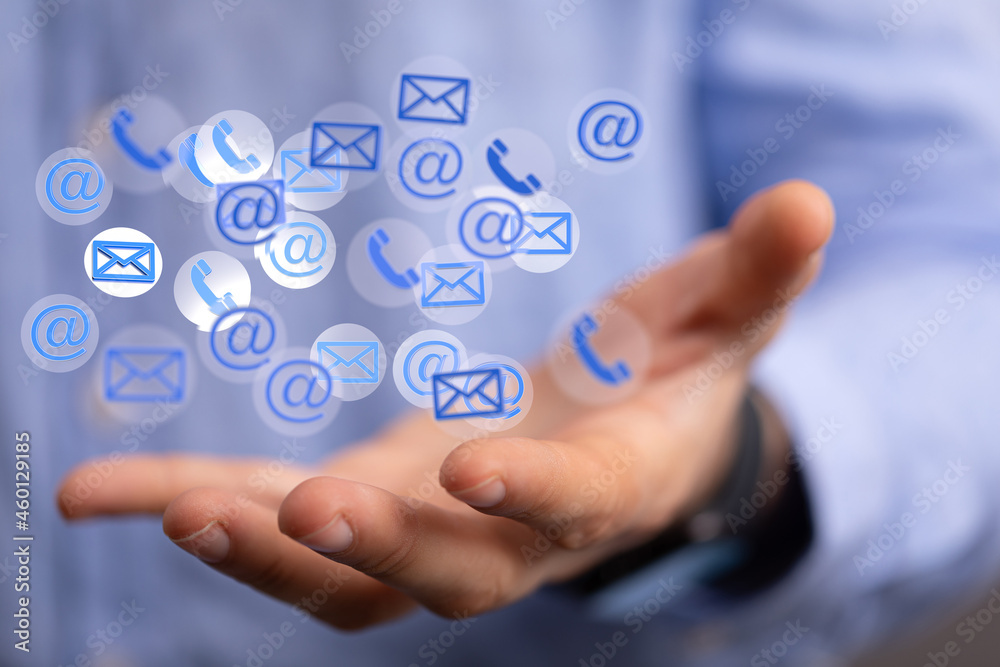 touching 3D rendering flying email icon with his fin touching 3D rendering flying email icon with his fin