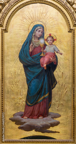 ROME, ITALY - AUGUST 30, 2021: The painting of Madonna in the church Chiesa dei Santi Claudio e Andrea dei Borgognoni by Guido Francisia from 20. cent.