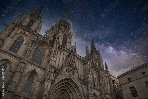 The Catholic Cathedral of Barcelona against the backdrop of the night sky
