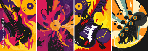 Collection of rock music posters. Placard designs in abstract style. photo